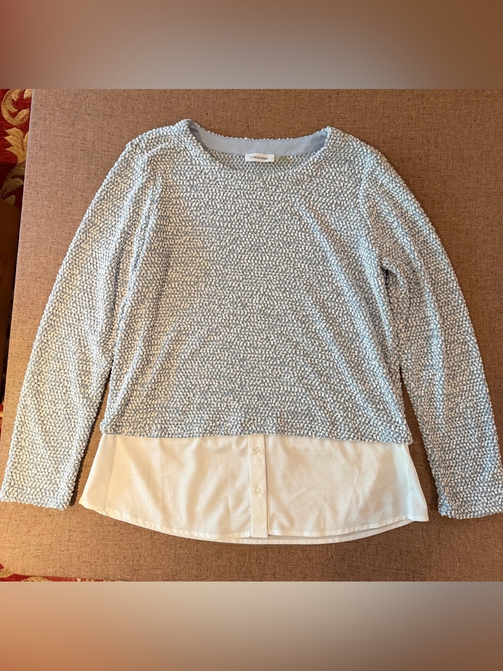 Calvin Klein Light Blue Textured Pullover with White Shirt Hem